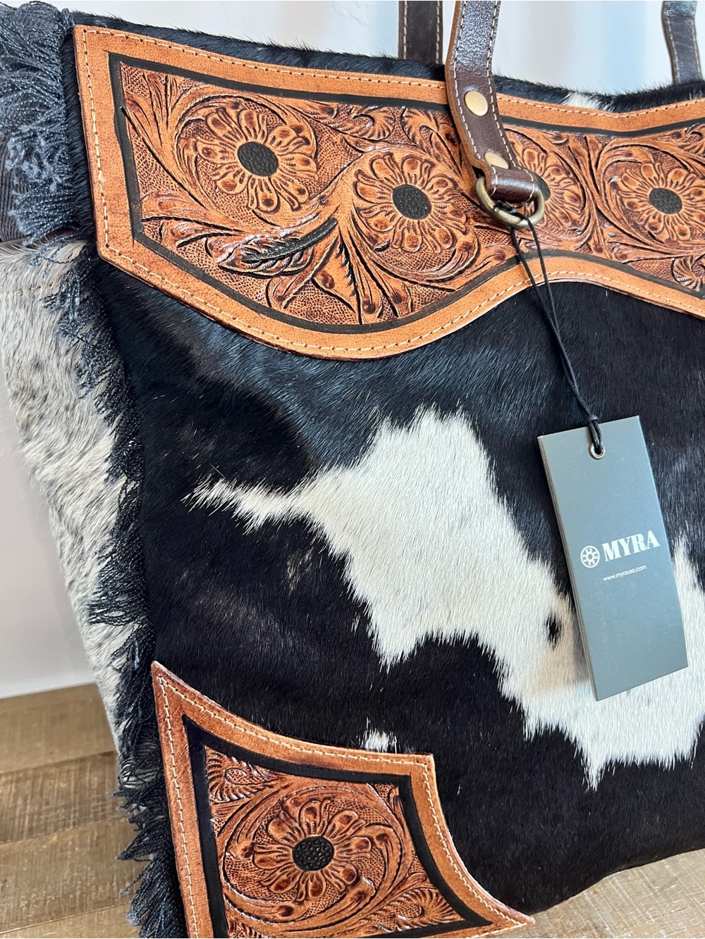 Myra Bag Cowhide Weekender Tooled Leather XL Boho Travel Duffel Western Carry On - Picture 6 of 12